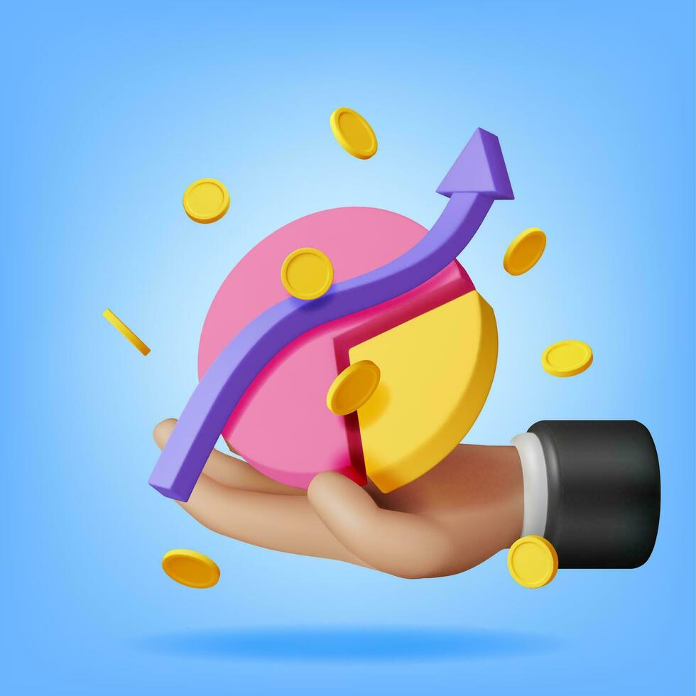 3D Pie Diagram with Golden Coins in Hand. Render Stock Pie with Money Shows Growth or Success. Financial Item, Business Investment, Financial Market Trade. Money and Banking. Vector Illustration