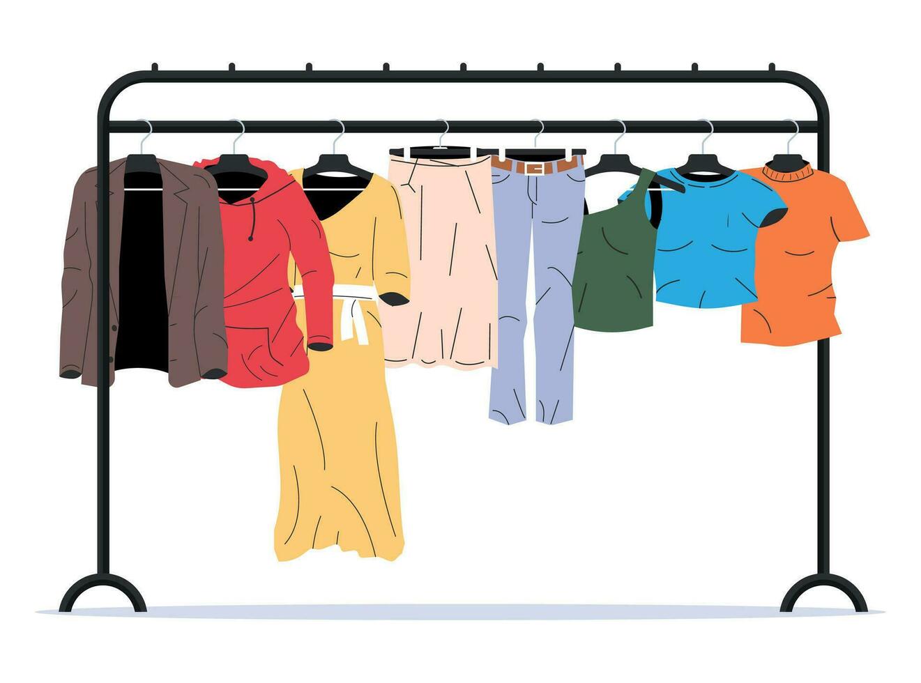 Mens and Womans Clothes on Hanger. Home or Shop Wardrobe. Clothes and Accessories. Various Hanging Clothing. Jacket, Shirt, Jeans, Pants. Cartoon Flat Vector Illustration