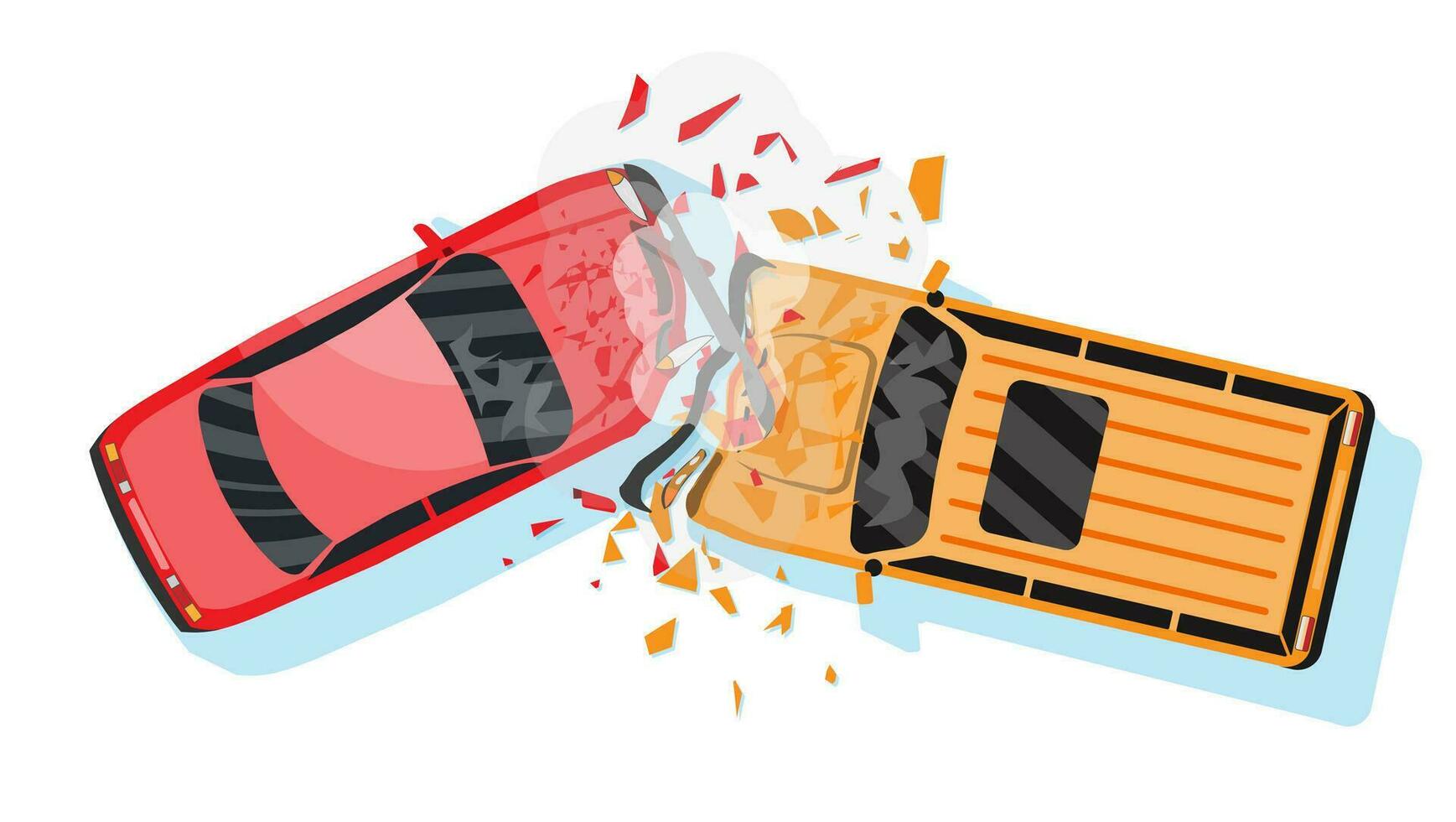 Road Accident Between Two Cars. Vehicle Collision Isolated on White. Broken Wings and Bumpers, Crashed Windows. Top View. Traffic Regulations. Rules of the Road. Vector Illustration in Flat Style
