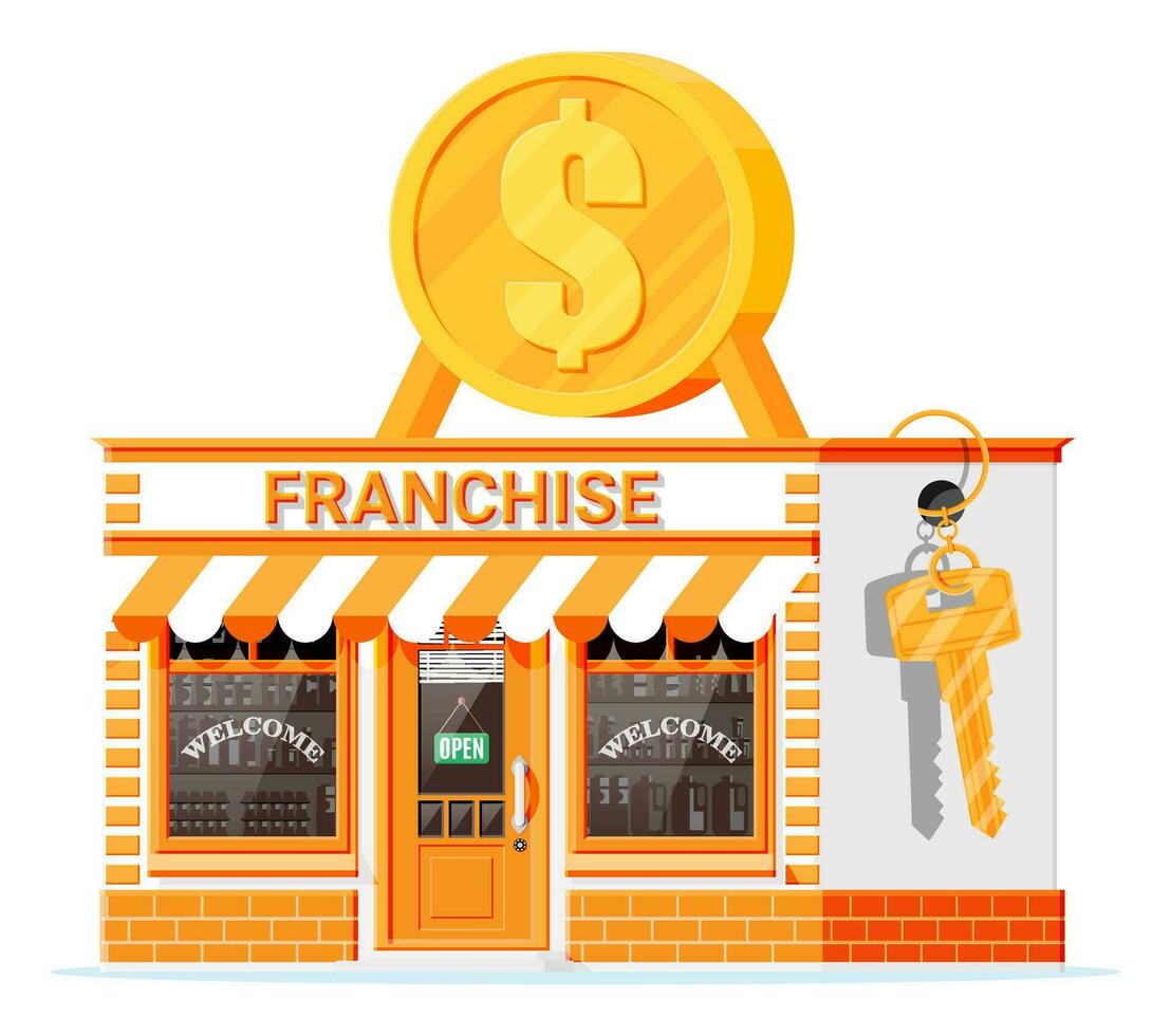 Franchise business for sale. Franchising shop building or commercial property. Real estate business promotional, sme startup crowdfunding. Selling buying new business. Flat vector illustration