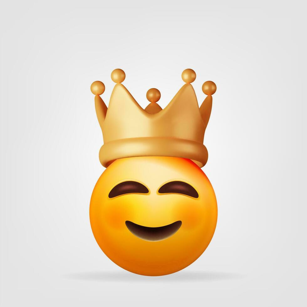 3d linda emoji cara con dorado corona. hacer sonrisa y oro corona símbolo. emoticon para VIP, rico, ganador lujo prima éxito. cliente realimentación clasificación o estado señales. realista vector ilustración