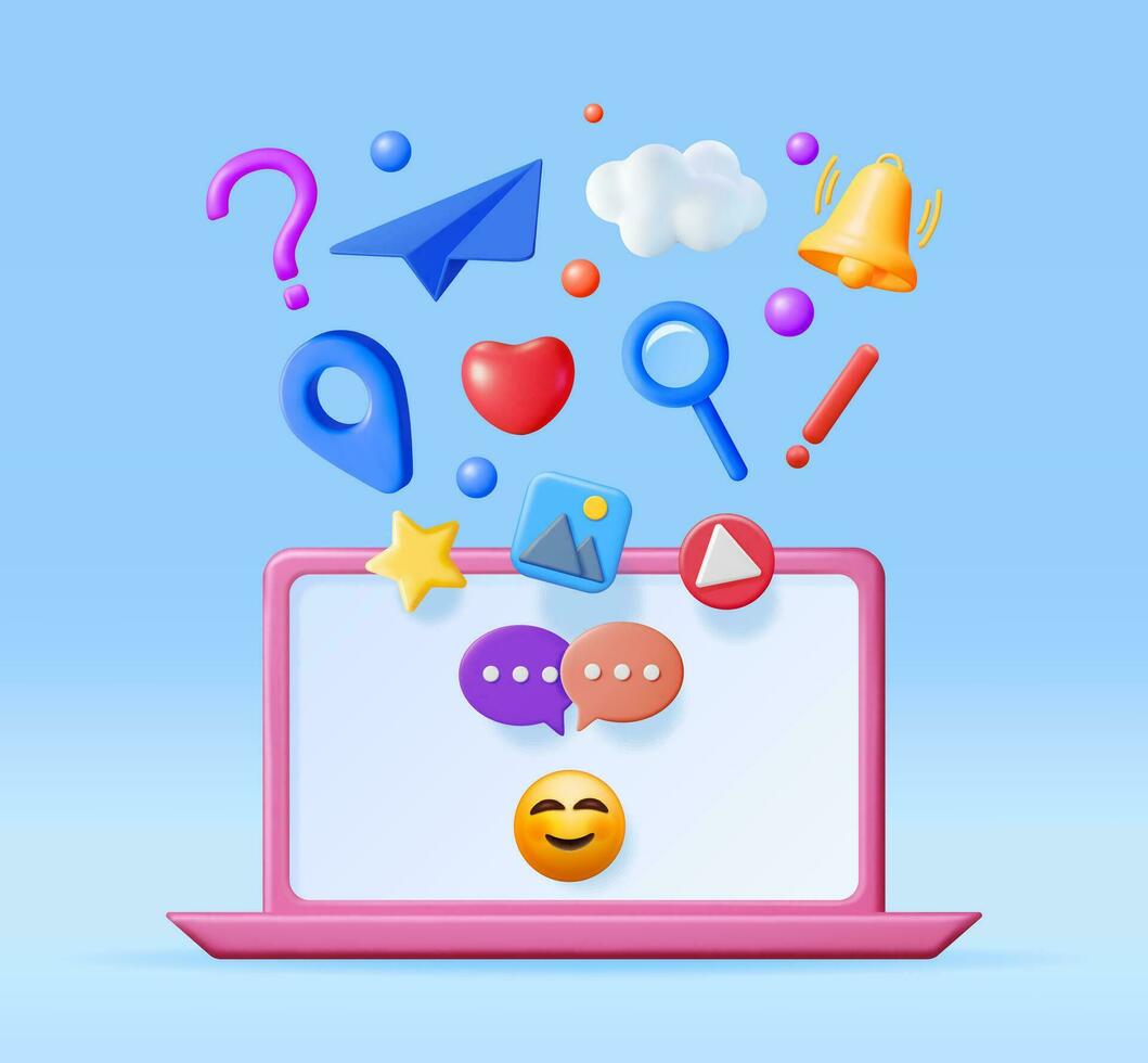 3D Social Media Concept Isolated. Render Computer with Colorful Social Network Icon. Chat Bubble, Like Button, Exclamation Question Mark, Notification Bell. Online Communication. Vector Illustration