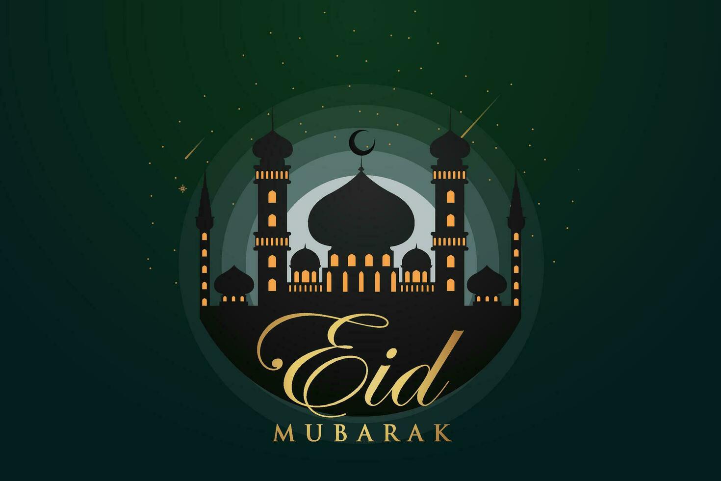 eid al-fitr mubarak greeting card with mosque and arabic text vector