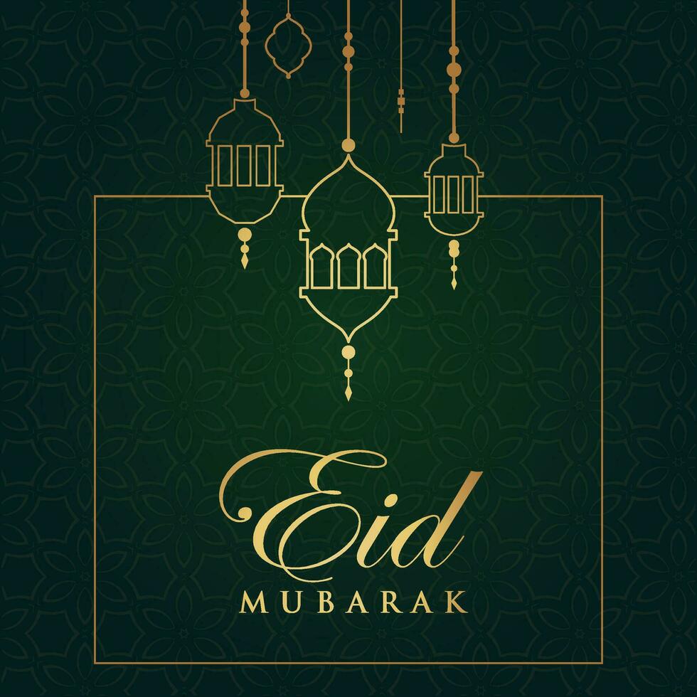 Ramadán eid al-fitr Mubarak saludo tarjeta con linternas y Arábica llamada vector