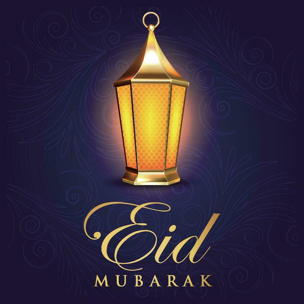 eid mubarak greeting card with lantern on dark background vector