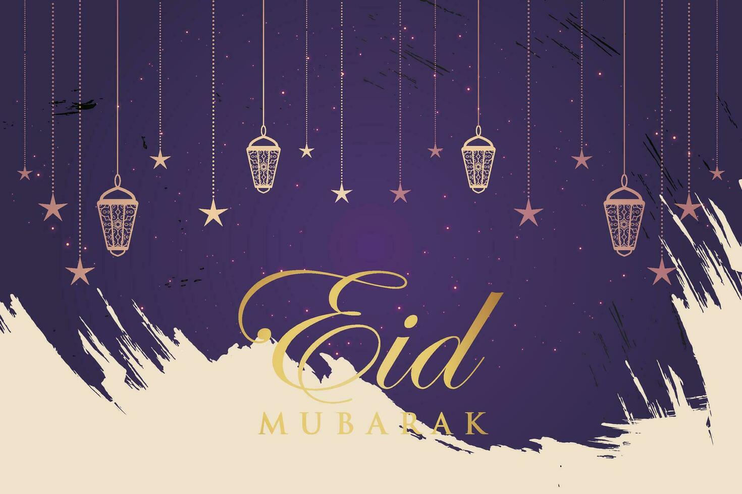 Ramadan eid al-fitr mubarak greeting card with lanterns and arabic call vector