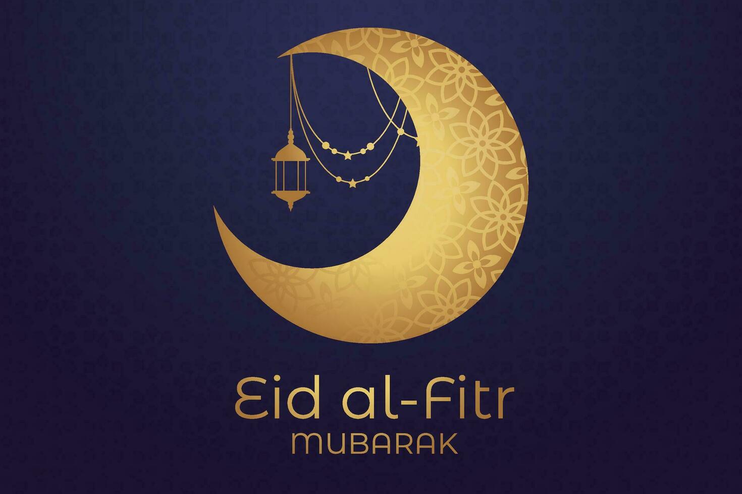 eid al-fitr mubarak greeting card with mosque and arabic text vector