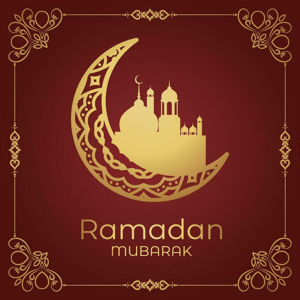 Ramadán Mubarak saludo tarjeta con dorado creciente y mezquita vector ilustración