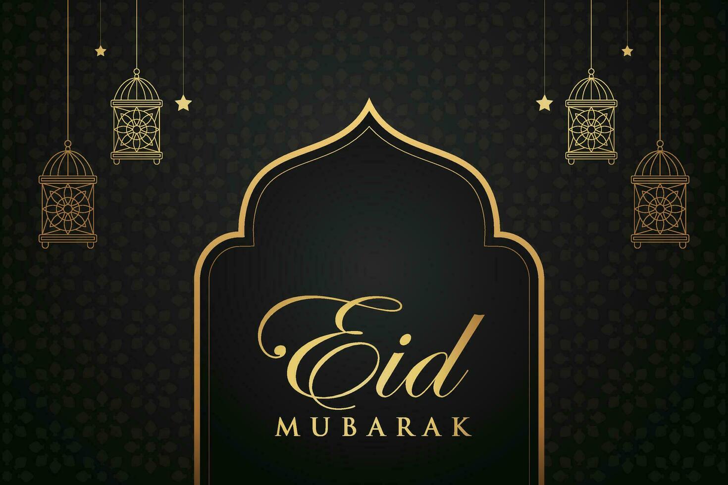 Ramadan eid al-fitr mubarak greeting card with lanterns and arabic call vector