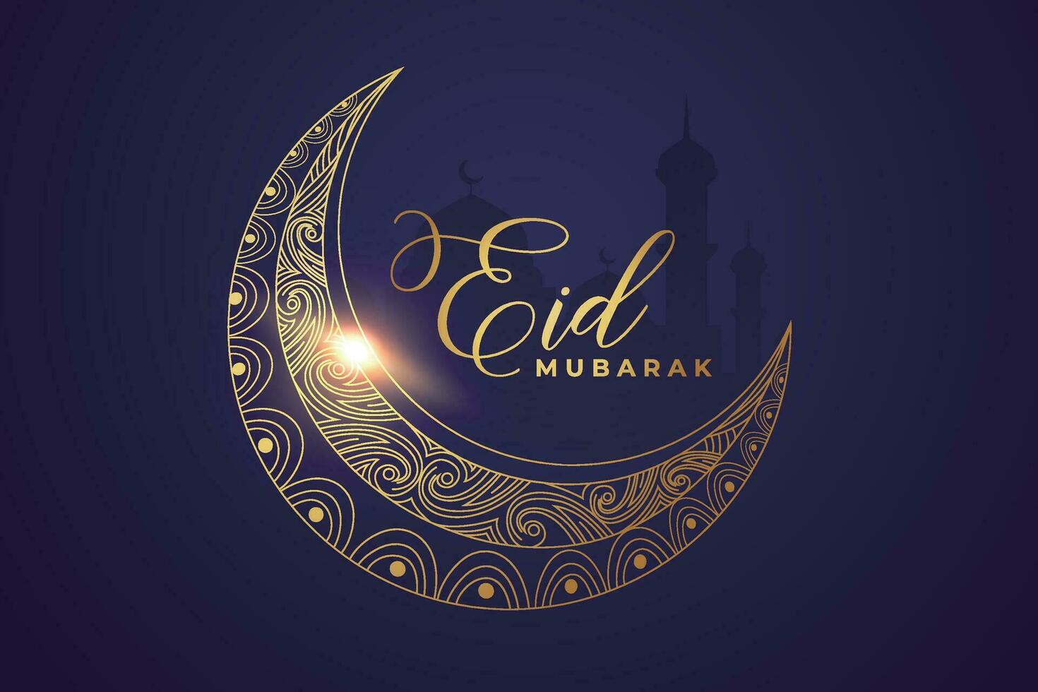 eid al-fitr Mubarak saludo tarjeta con mezquita y Arábica texto vector