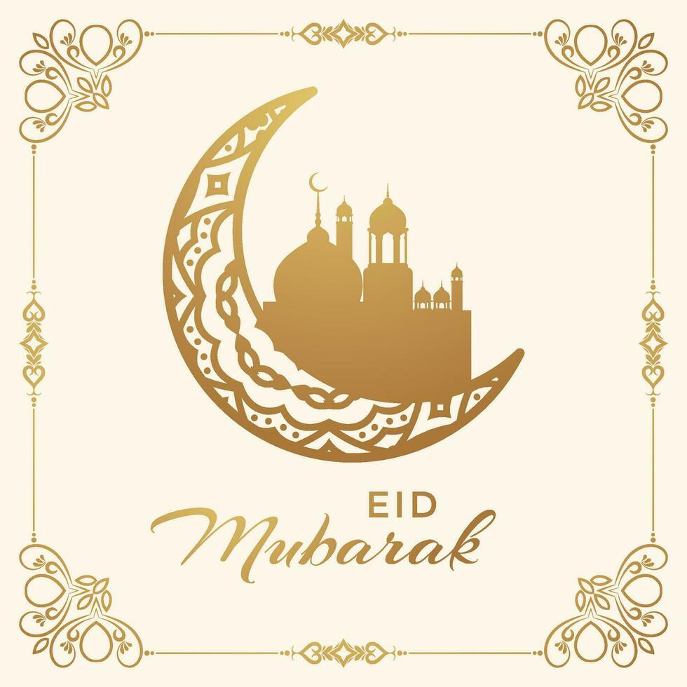 eid mubarak greeting card with mosque and crescent vector