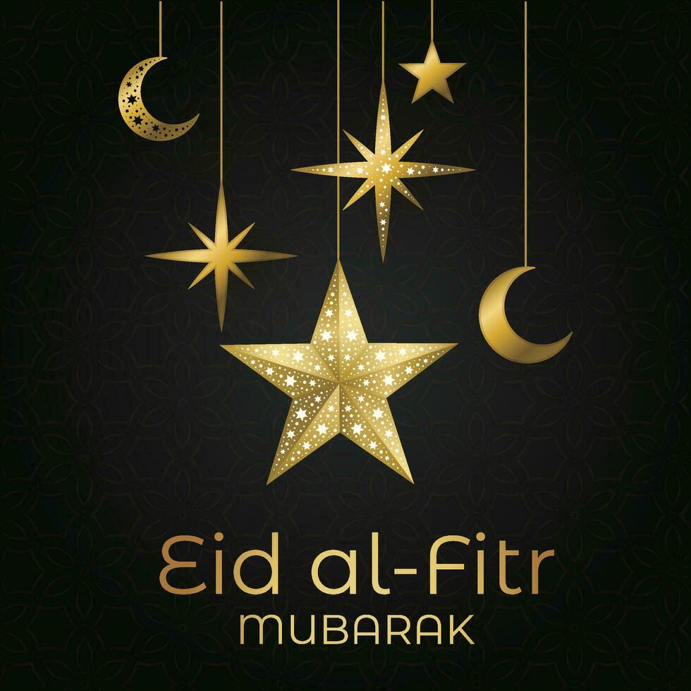 Ramadan eid al-fitr mubarak greeting card with lanterns and arabic call vector