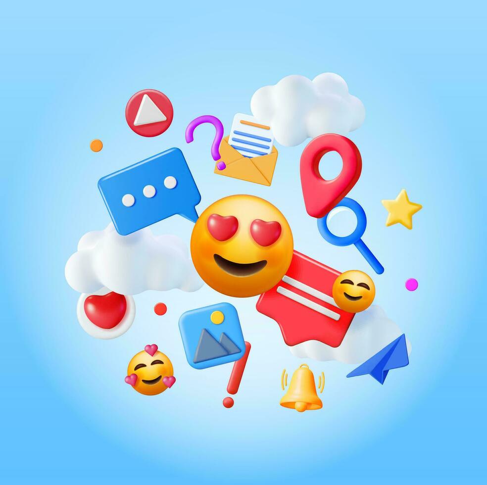 3D Social Media Concept Isolated. Render Colorful Social Network Media Icons. Online Chat Bubble, Like Button, Exclamation Question Mark, Search, Play, Smile, Location Pin. Vector Illustration