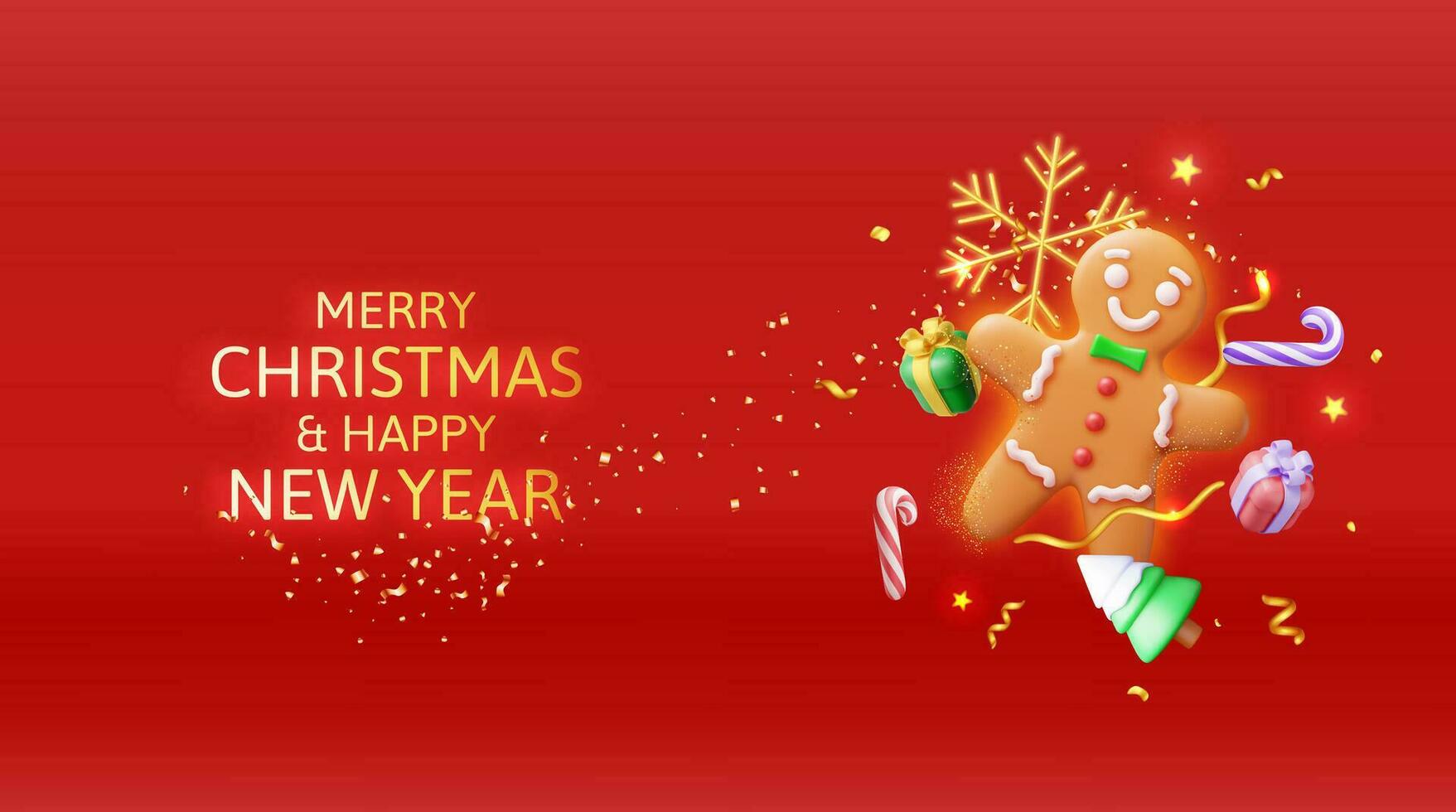 3D Holiday Gingerbread Man Cookie and Confetti. Render Cookie in Shape of Man with Colored Icing. Happy New Year Decoration. Merry Christmas Holiday. New Year Xmas Celebration. Vector illustration