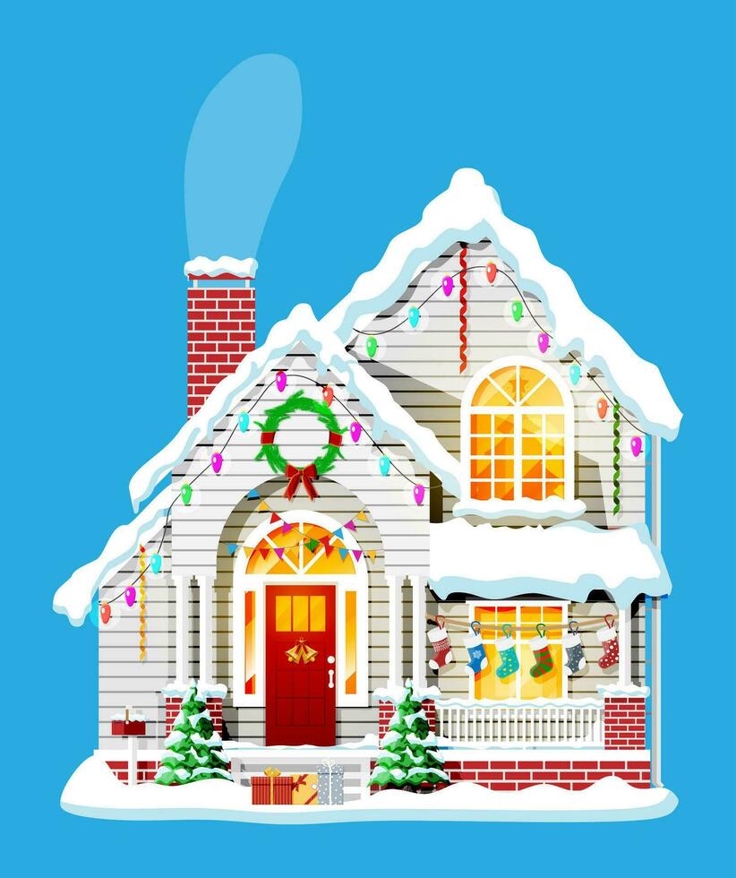 Suburban house covered snow. Building in holiday ornament. Christmas tree spruce, wreath. Happy new year decoration. Merry christmas holiday. New year and xmas celebration. Vector illustration