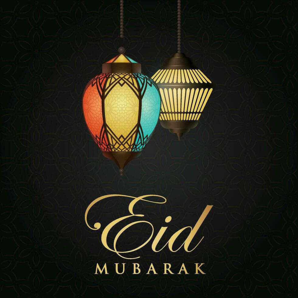 Ramadan eid al-fitr mubarak greeting card with lanterns and arabic call vector