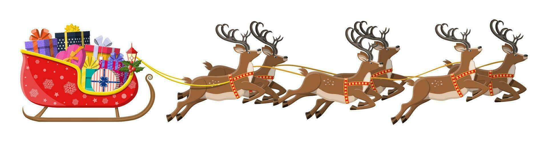 Santa claus sleigh full of gifts and his reindeers. Happy new year decoration. Merry christmas holiday. New year and xmas celebration. Vector illustration in flat style