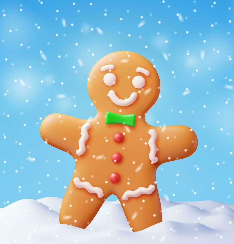 3D Holiday Gingerbread Man Cookie in Snow. Render Cookie in Winter Landscape. Happy New Year Decoration. Merry Christmas Holiday. New Year and Xmas Celebration. Realistic Vector illustration