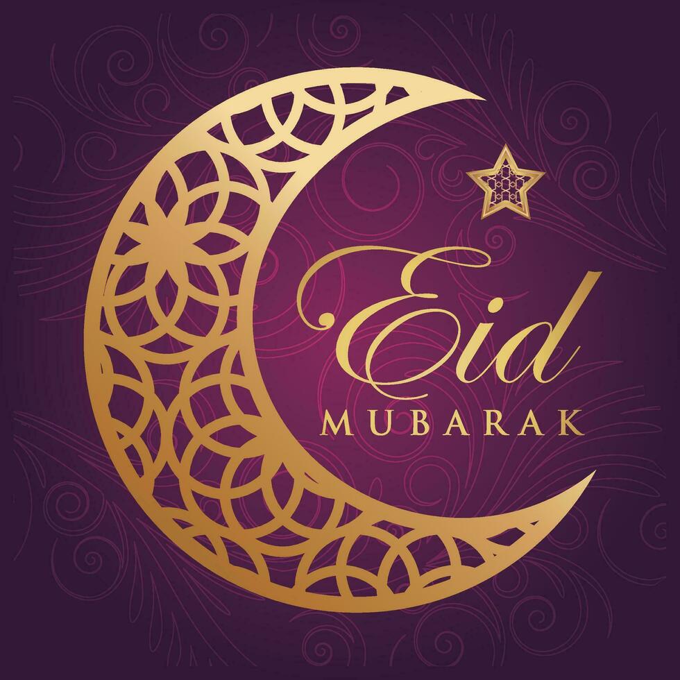 eid Mubarak saludo tarjeta con oro creciente y remolinos vector