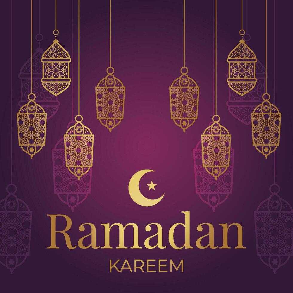 ramadan kareem greeting card with lanterns and crescent vector