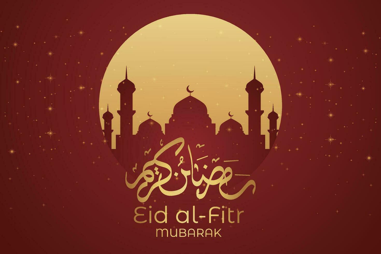 eid al-fitr mubarak greeting card with mosque and arabic text vector