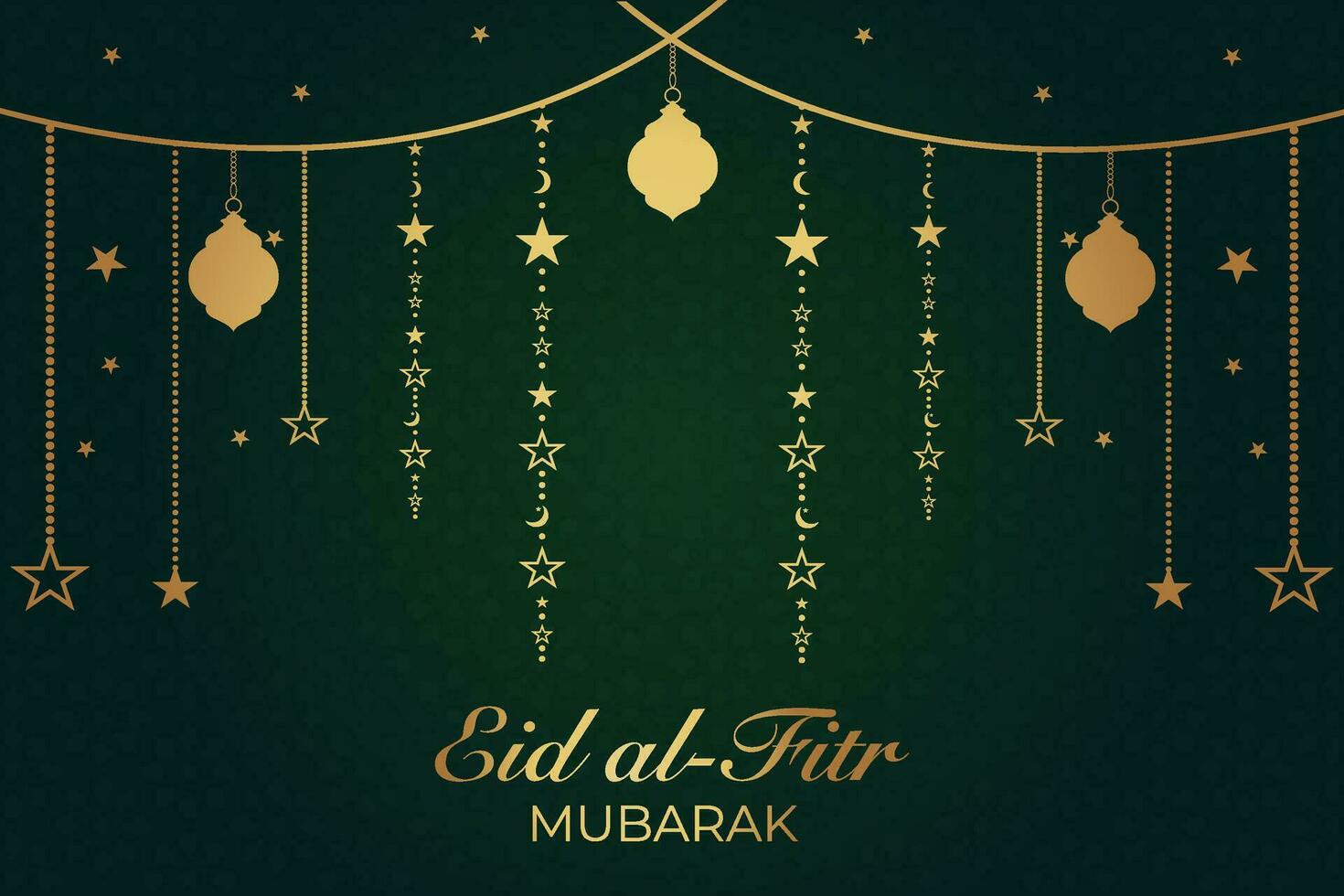 eid al-fitr mubarak greeting card with gold decorations and stars on dark green vector