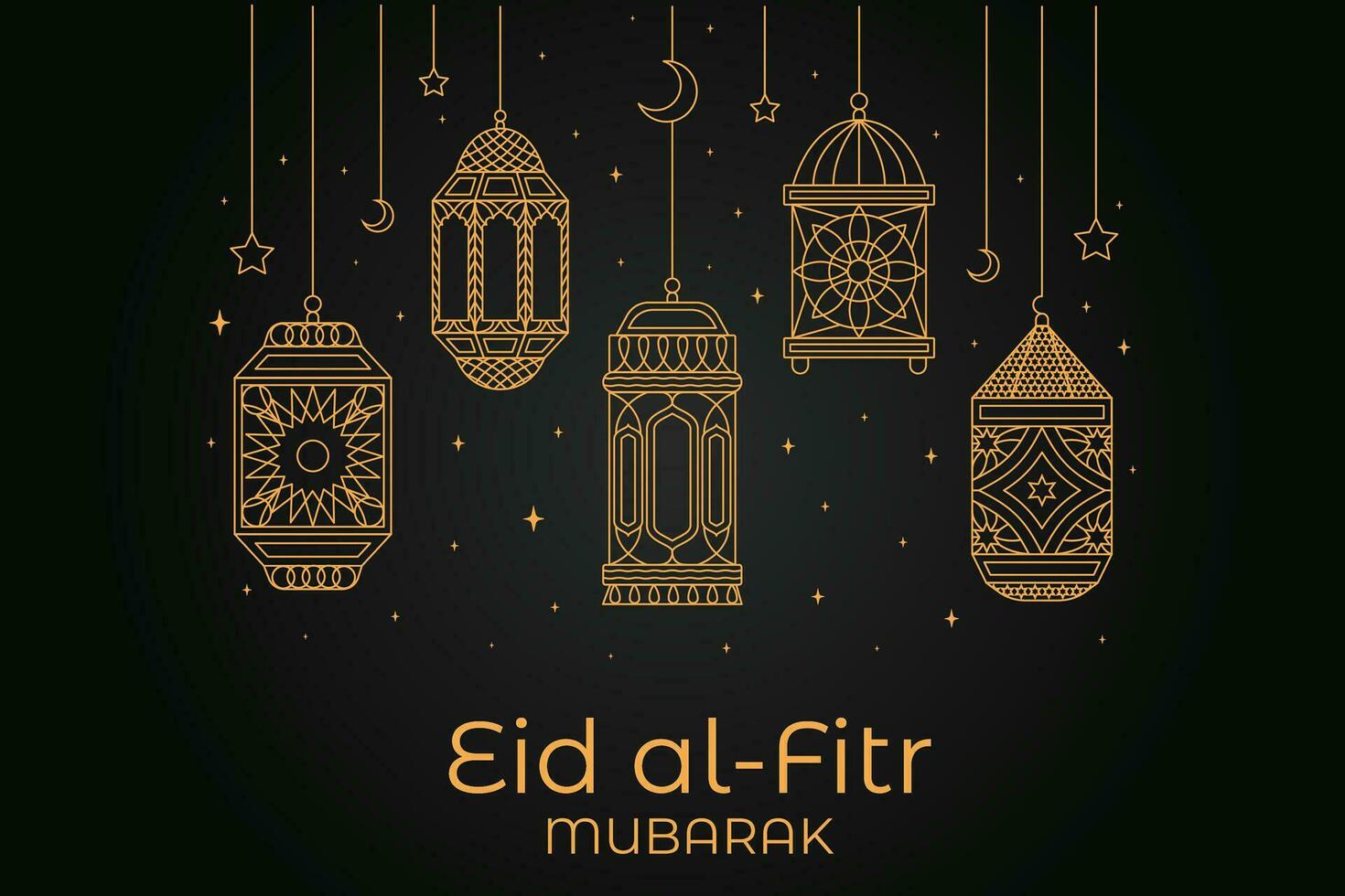 eid al-fitr mubarak greeting card with mosque and arabic text vector