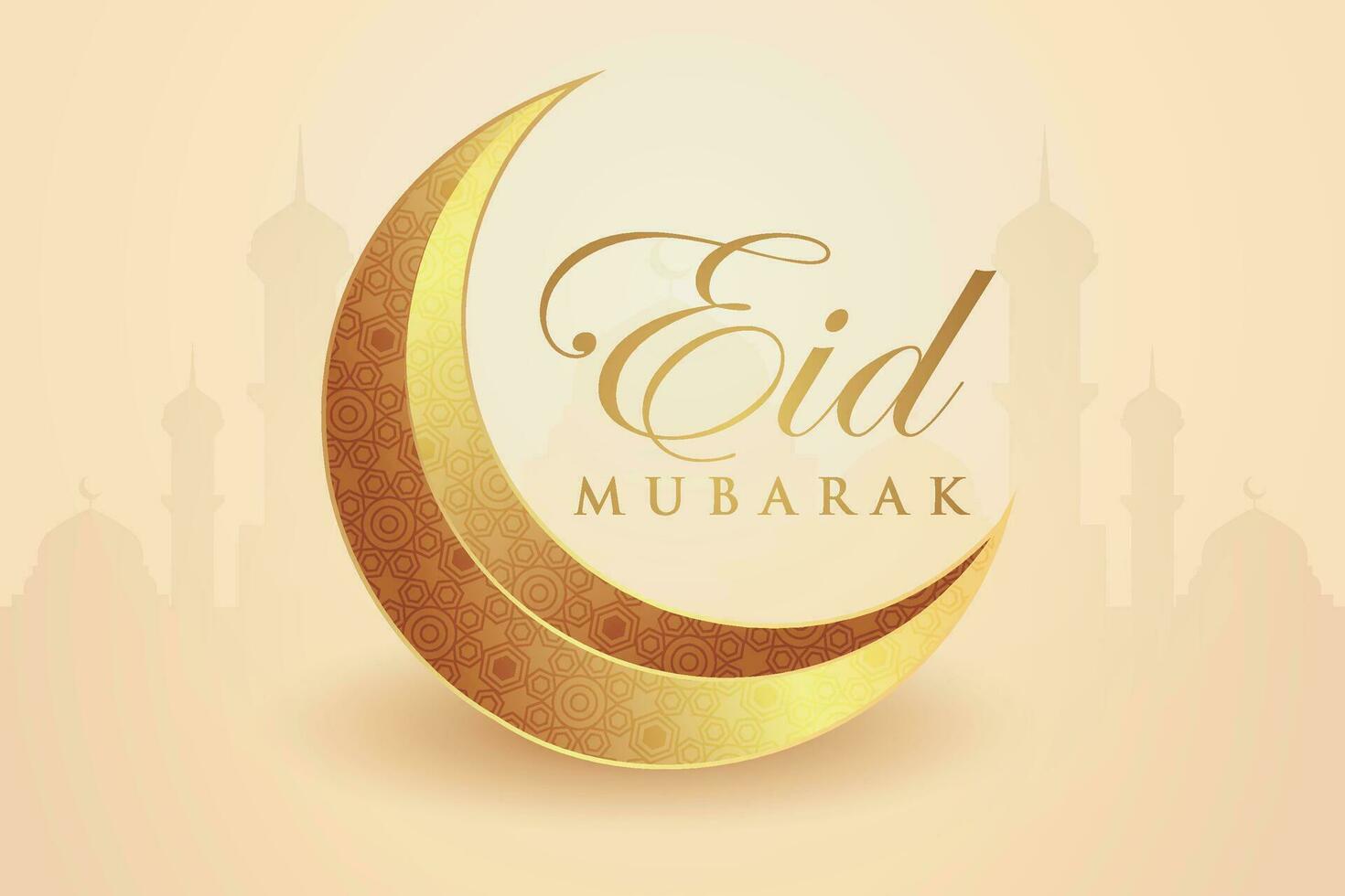 eid mubarak greeting card with golden crescent and mosque vector illustration