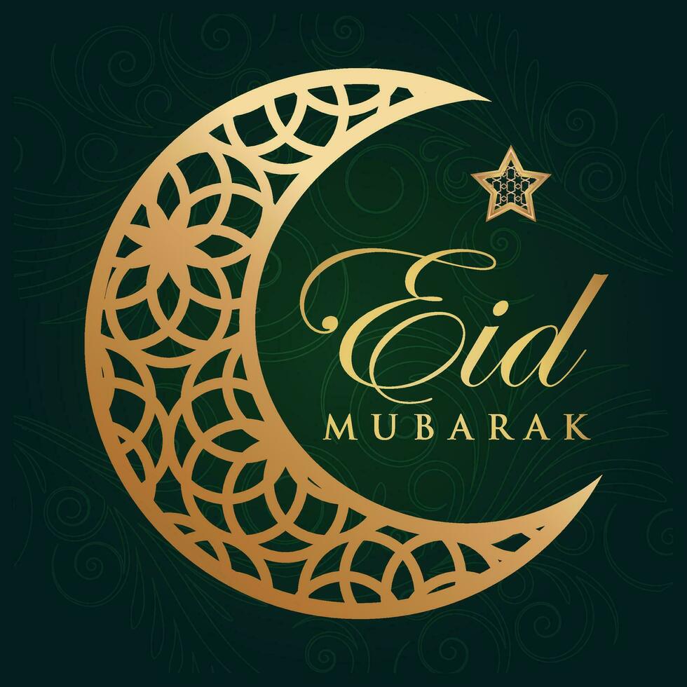 eid mubarak greeting card with gold crescent and star on dark background vector