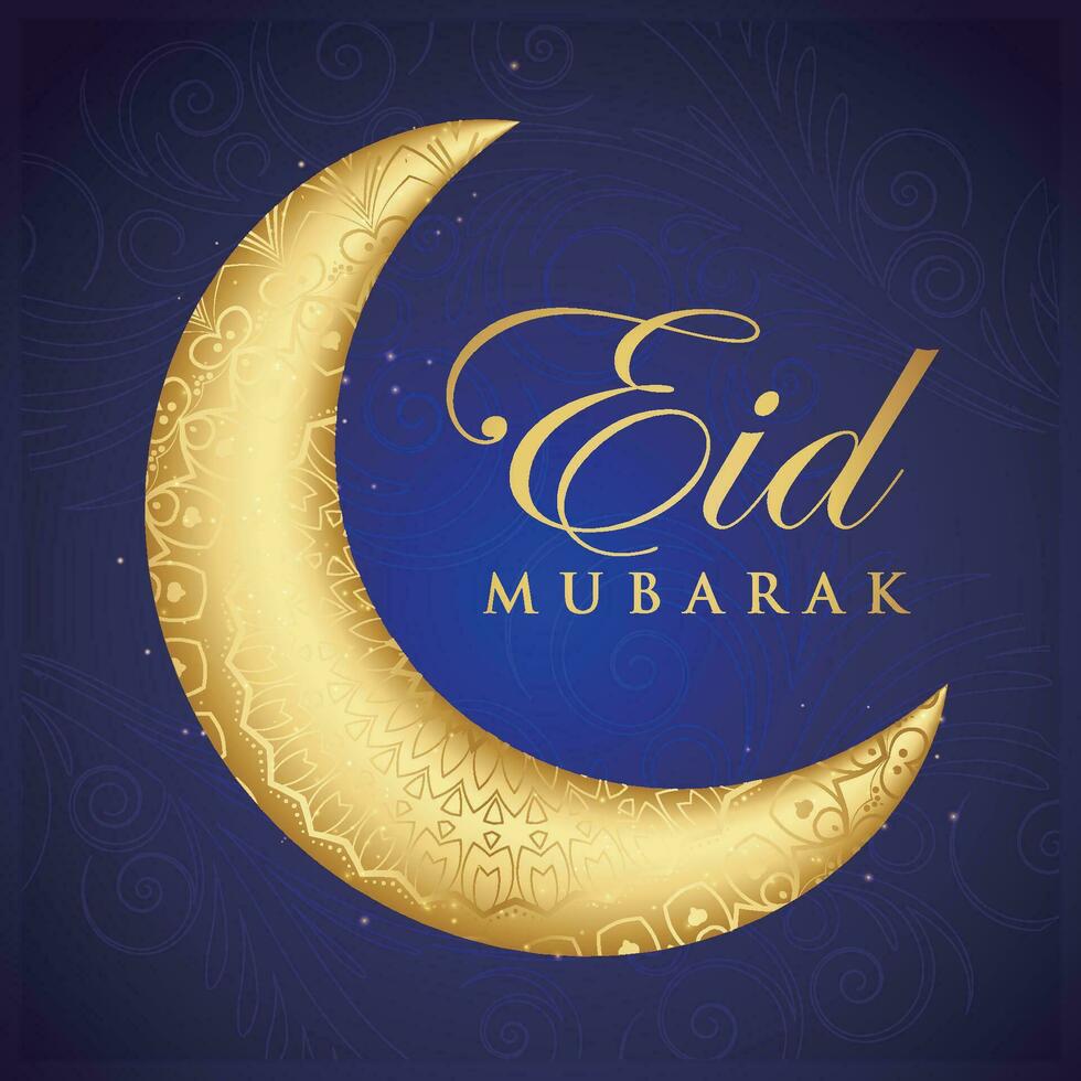 eid mubarak greeting card with gold crescent and swirls vector