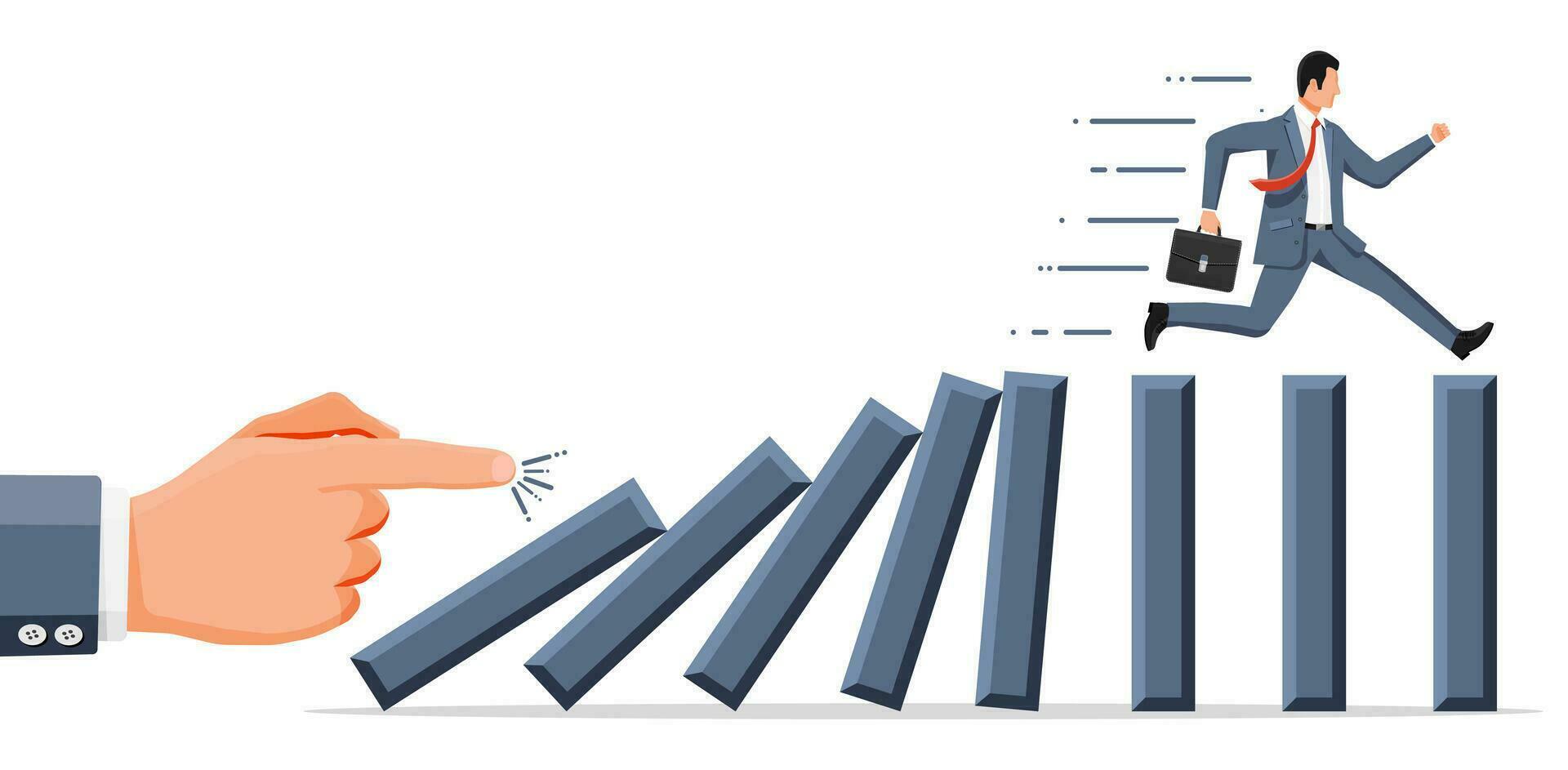 Businessman running away from falling domino. Domino chain reaction effect in business. Crisis management, finance intervention, tax, debt, fee and bankruptcy. Vector illustration in flat style