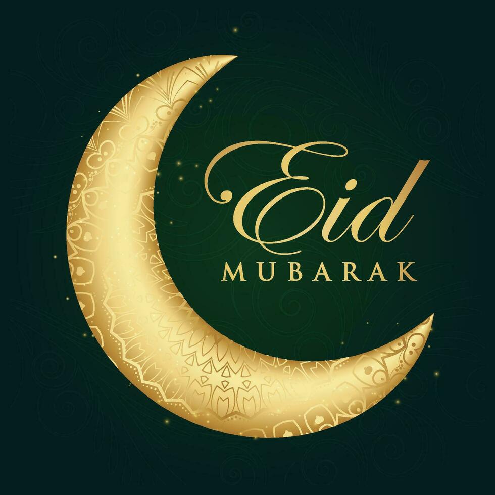 eid mubarak greeting card with gold crescent and swirls on dark green background vector