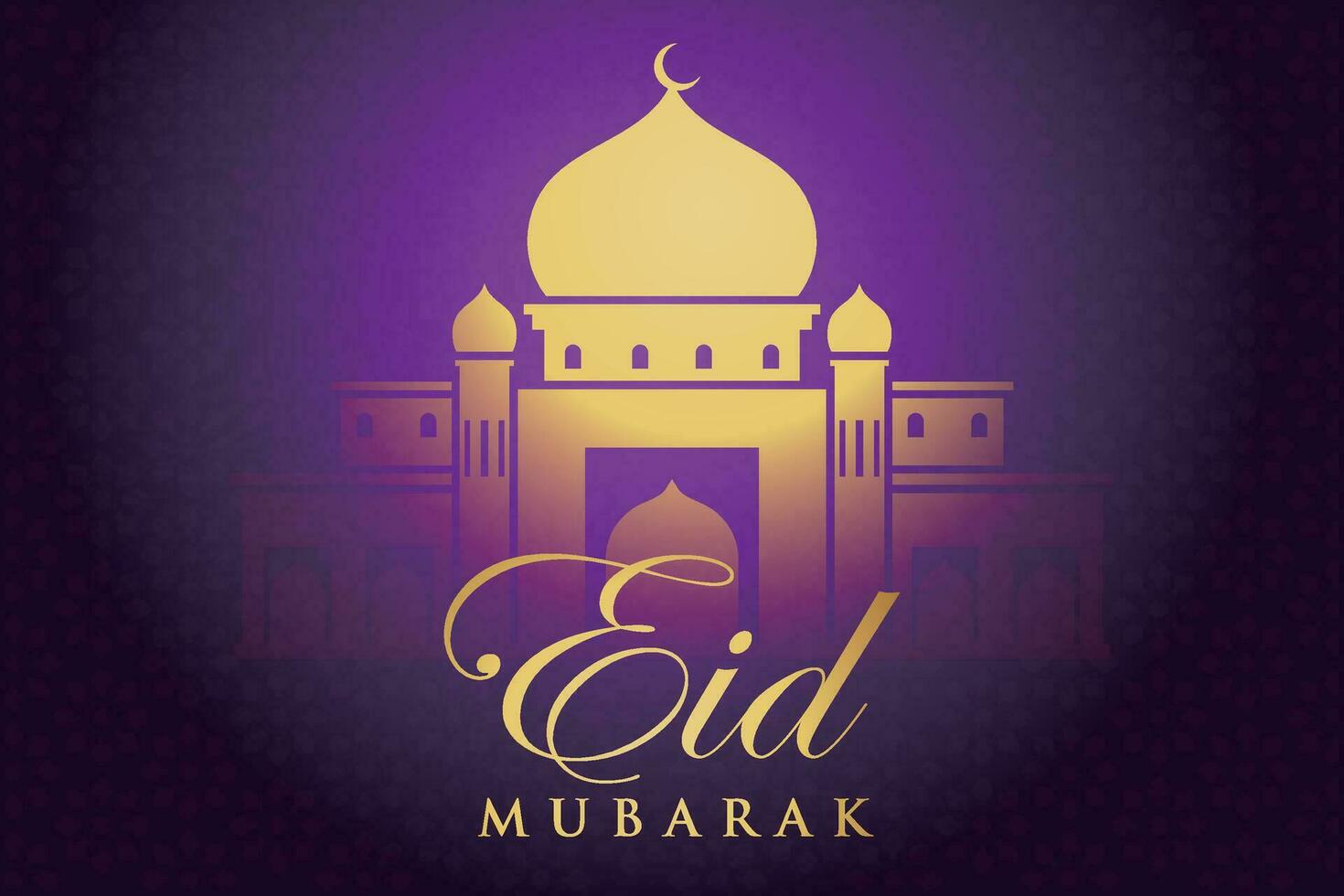 eid Mubarak saludo tarjeta con mezquita y oro texto vector