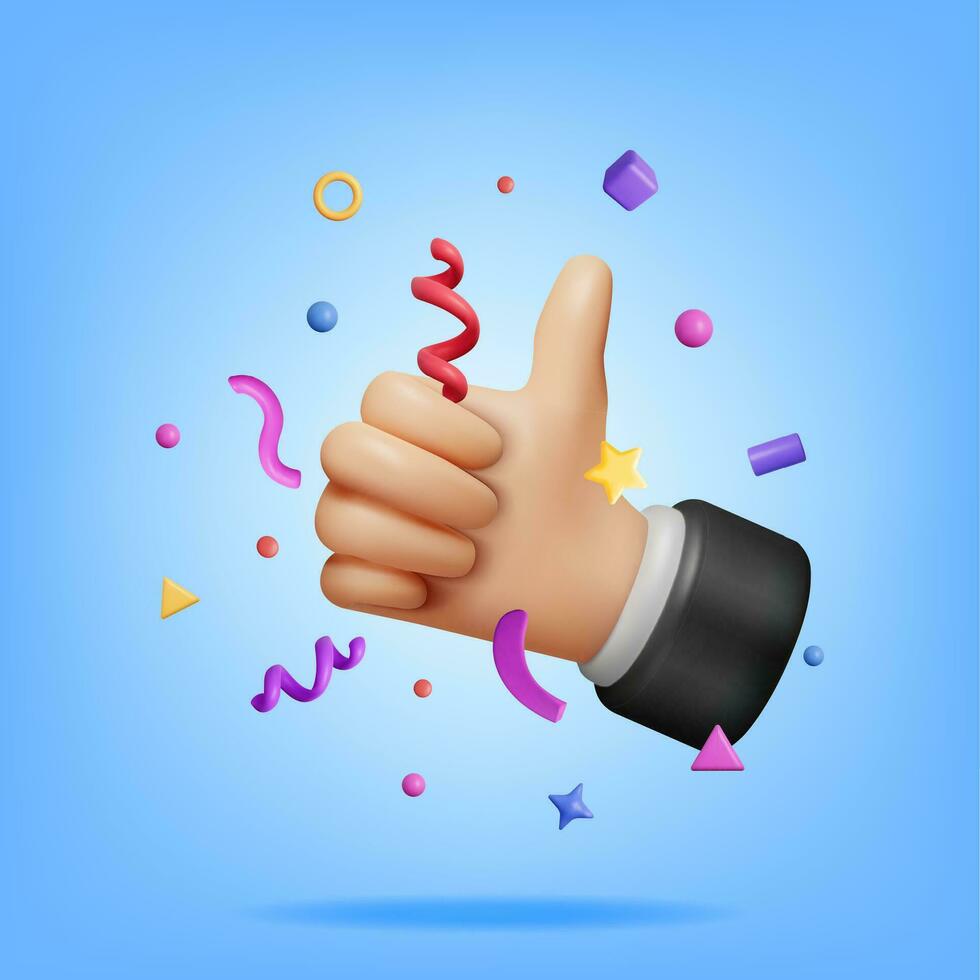 3D Thumbs Up Hand Gesture and Confetti Isolated. Render Like Hand Symbol. Customer Rating or Vote Icon. Like or Love Button for Social Media and Mobile App. Fingers Gestures. Vector Illustration