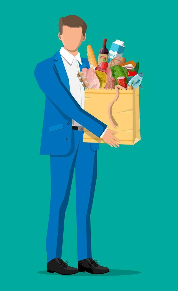 Man with shopping bag full of fresh products. Grocery store supermarket. Food and drinks. Milk, vegetables, meat, chicken cheese, sausages, salad, bread cereal steak egg. Flat vector illustration