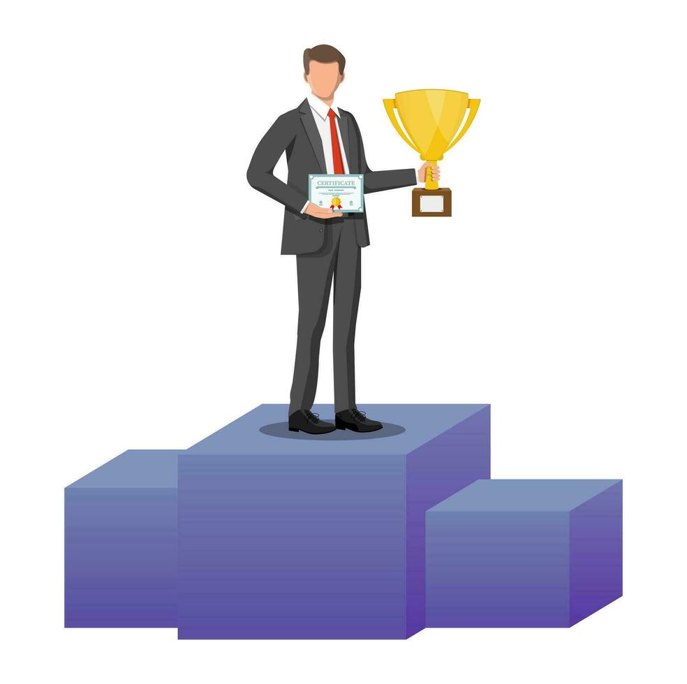 Successful businessman holding trophy and showing award certificate, celebrates his victory. Business success, triumph, goal or achievement. Winning of competition. Vector illustration flat style