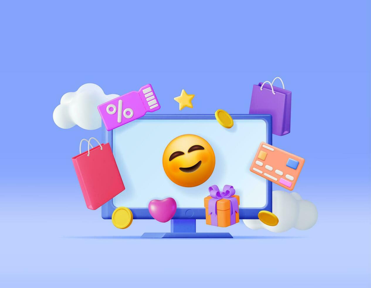 3D Online Shopping Concept. Render Computer with Shopping Symbols. Bag, Bank Card, Money, Gift Box and Discount Voucher or Sale Coupon. Online Shop, Payment and Delivery. Vector Illustration