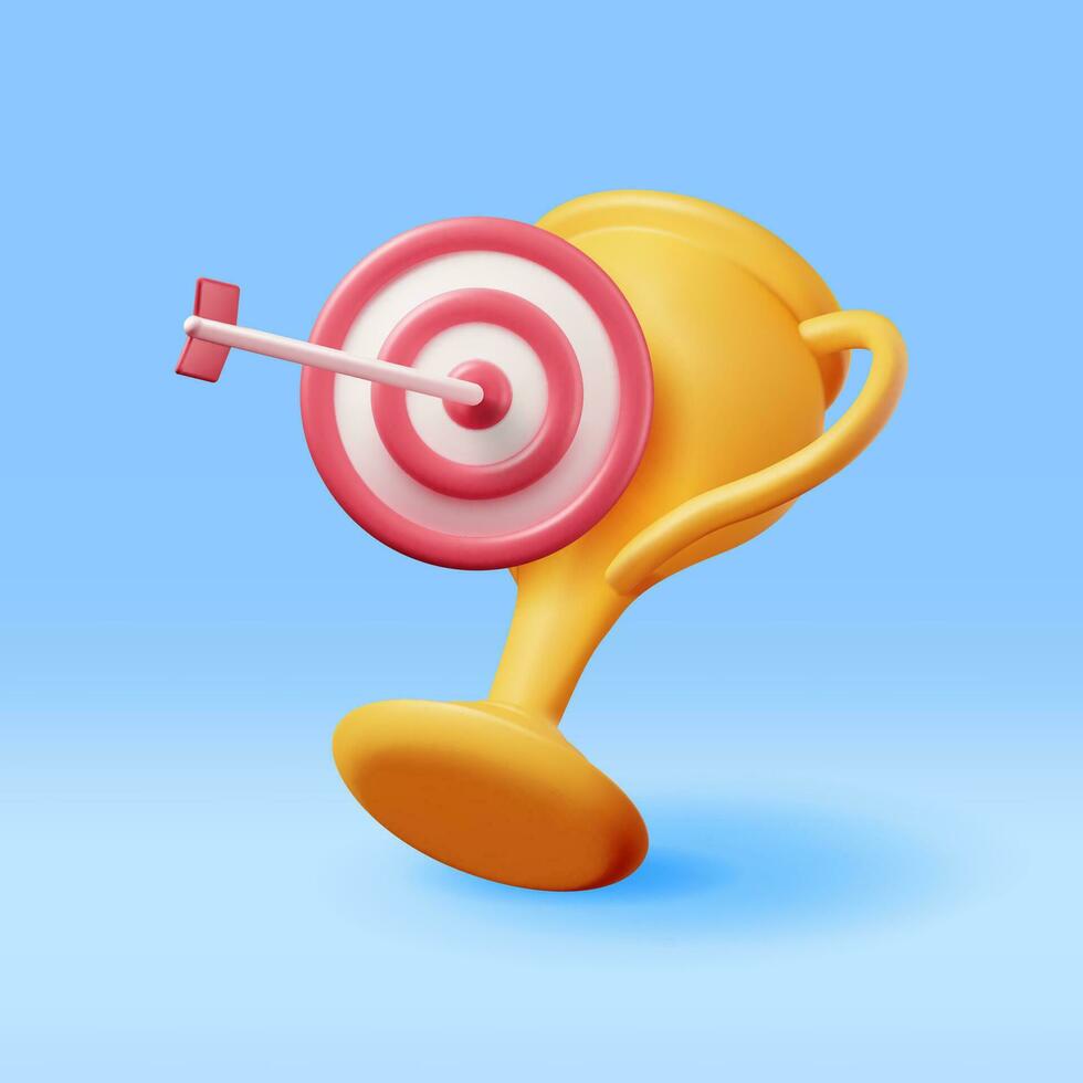 3D Champion Trophy with Target Isolated. Render Gold Cup and Dartboard Icon. Gold Trophy for Competitions. Award, Victory, Goal, Champion Achievement, Prize, Sports Award, Success. Vector Illustration