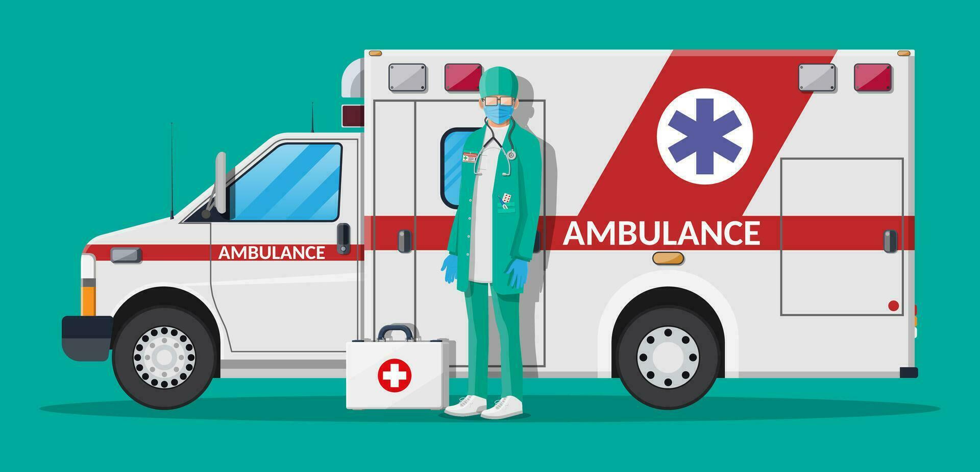 Ambulance staff concept. Doctor in white coat with stethoscope and case. Ambulance car, emergency vehicle. Healthcare, hospital and medical diagnostics. Urgency services. Flat vector illustration