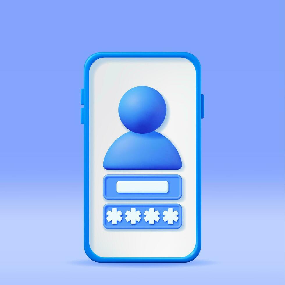 3D User Login Form Page in Smartphone. Render Password Hidden Stars in Sign in Account. Computer Data Protection, Security and Confidentiality. Safety, Encryption and Privacy. Vector Illustration