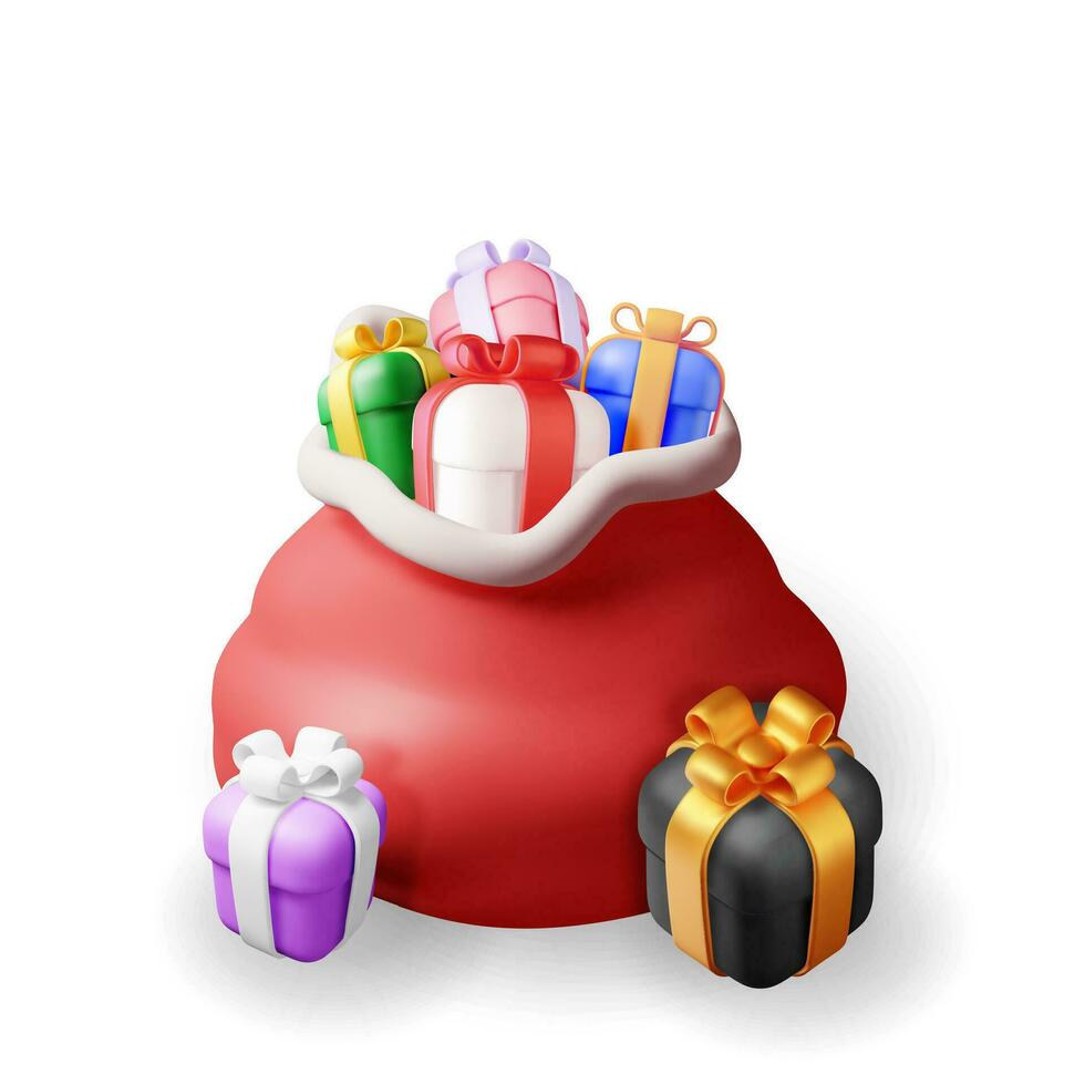 3D Open Santa Claus Sack full of Gift Boxes Isolated. Render Red Cloth Bag for Presents. Happy New Year Decoration. Merry Christmas Holiday. New Year Xmas Celebration. Realistic Vector Illustration