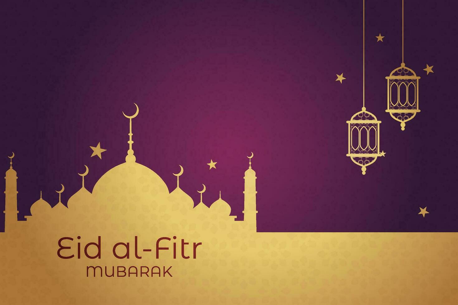 eid al-fitr Mubarak saludo tarjeta con mezquita y Arábica texto vector