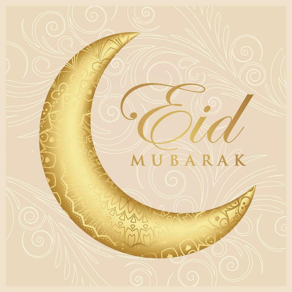 eid mubarak greeting card with gold crescent and swirls vector