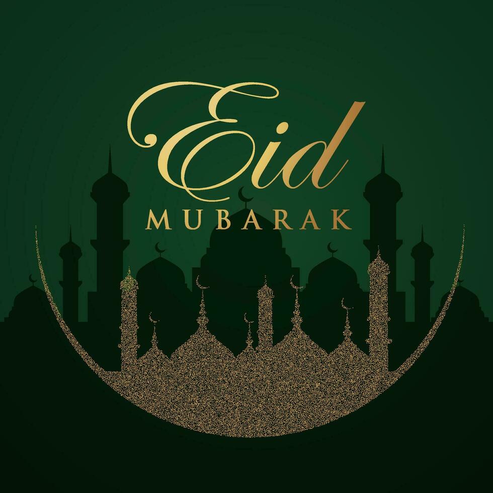 eid Mubarak saludo tarjeta con mezquita y oro Brillantina vector