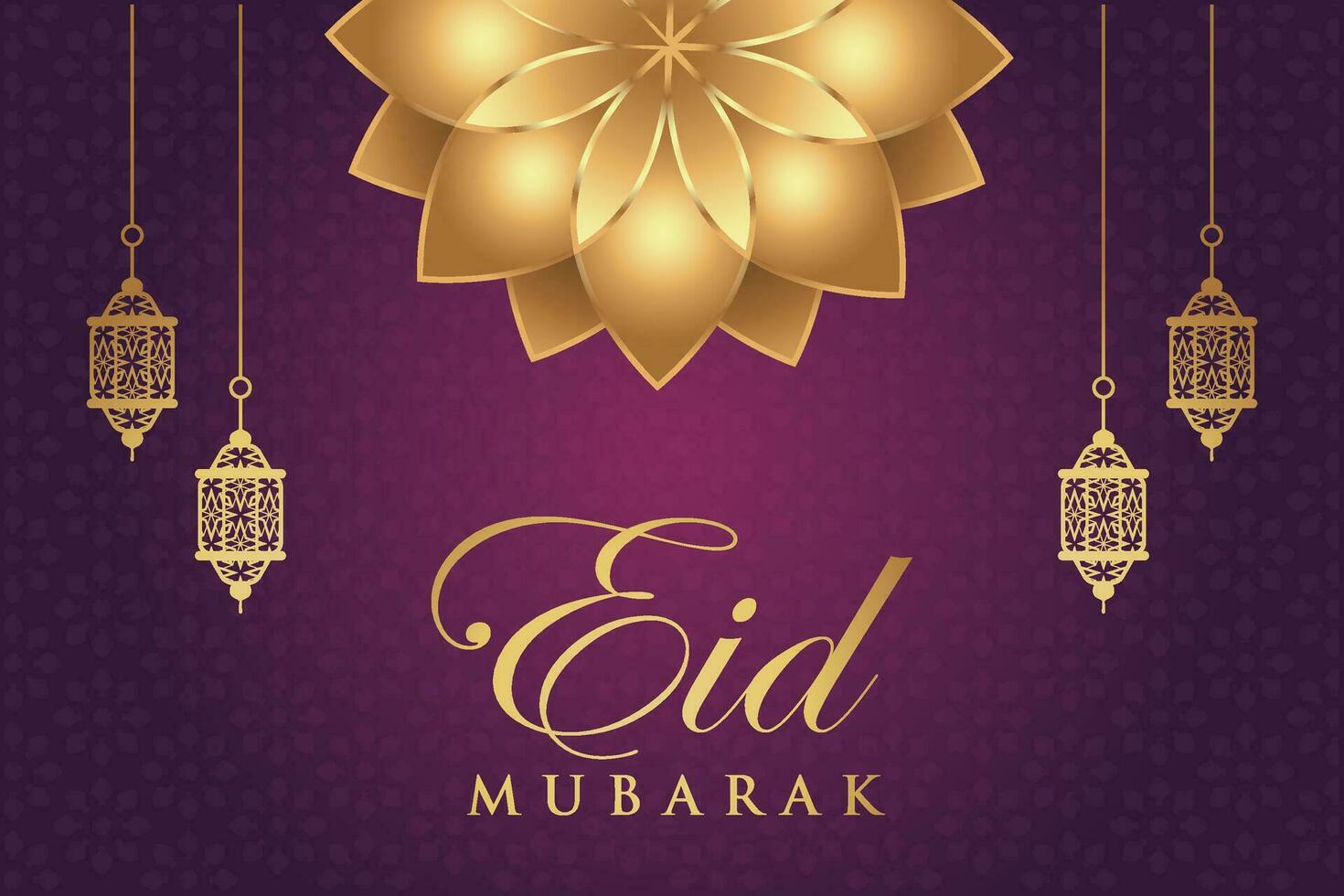 Ramadan eid al-fitr mubarak greeting card with lanterns and arabic call vector