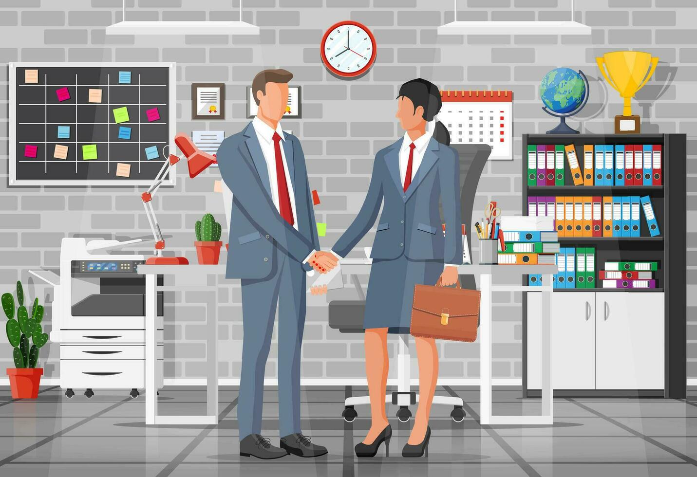 Man and woman in business suits with case and laptop shaking their hands. Relations of partnership concept. Business people partners handshake. Successful transaction, deal. Flat vector illustration