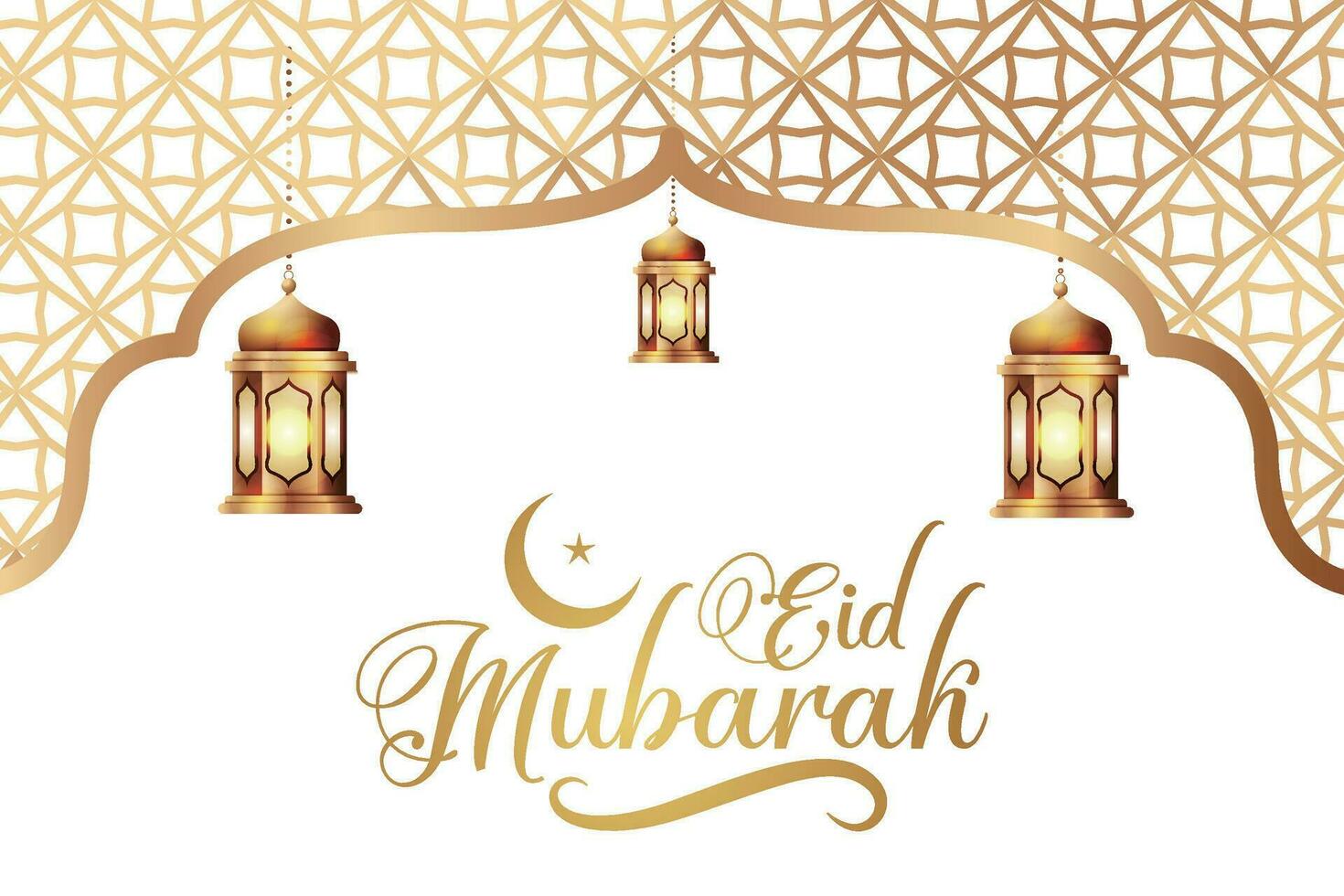 Ramadan eid al-fitr mubarak greeting card with lanterns and arabic call vector