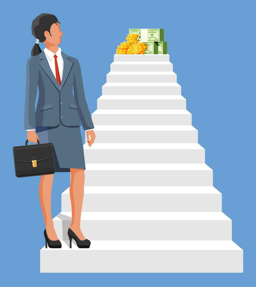 mujer de negocios sube arriba escalera a dinero. objetivo ajuste. inteligente meta. negocio objetivo. logro y éxito. concepto de éxito carrera crecimiento. logro y meta. plano vector ilustración