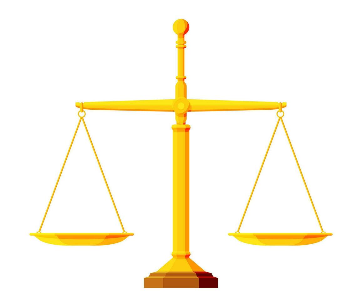 Gold scales isolated on white background. Weight measuring with empty bowls. Balanced scales. Justice, measurement, choice and balance concept. Flat vector illustration