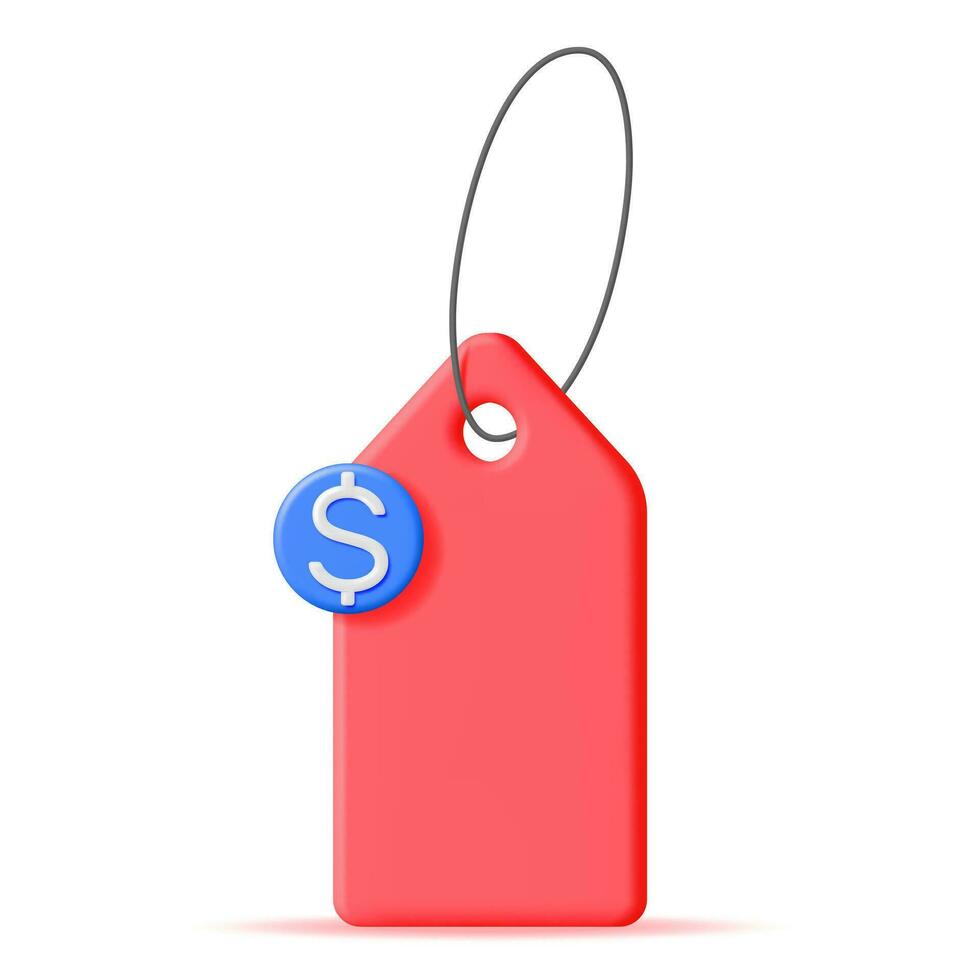 3D Red Tag with String and Dollar Sign Isolated on White Background. Render Empty Label. Cardboard Price Tag for Sale. Empty Sticker and Rope. Promo, Sale, Offer or Gift Concept. Vector Illustration